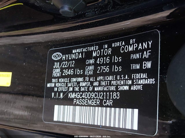 45999994 :رقم المزاد ، KMHGC4DD9CU211183 vin ، 2012 Hyundai Genesis 3.8 مزاد بيع