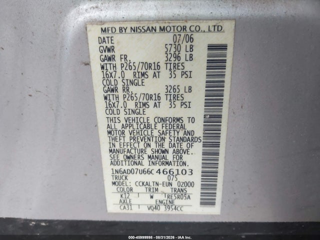 2006 Nissan Frontier Se მანქანა იყიდება აუქციონზე, vin: 1N6AD07U66C466103, აუქციონის ნომერი: 45999998