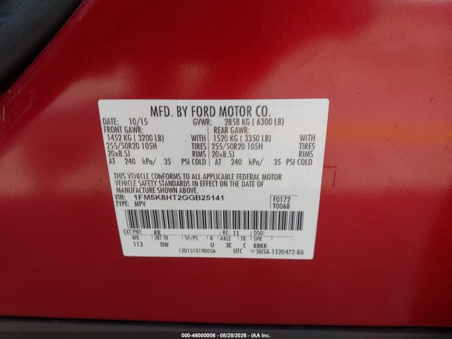 Продажа на аукционе авто 2016 Ford Explorer Platinum, vin: 1FM5K8HT2GGB25141, номер лота: 46000006