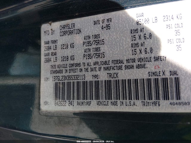 46000008 :رقم المزاد ، 1B7GL23X3SS332113 vin ، 1995 Dodge Dakota مزاد بيع