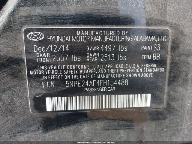 2015 Hyundai Sonata Se მანქანა იყიდება აუქციონზე, vin: 5NPE24AF4FH154488, აუქციონის ნომერი: 46000012