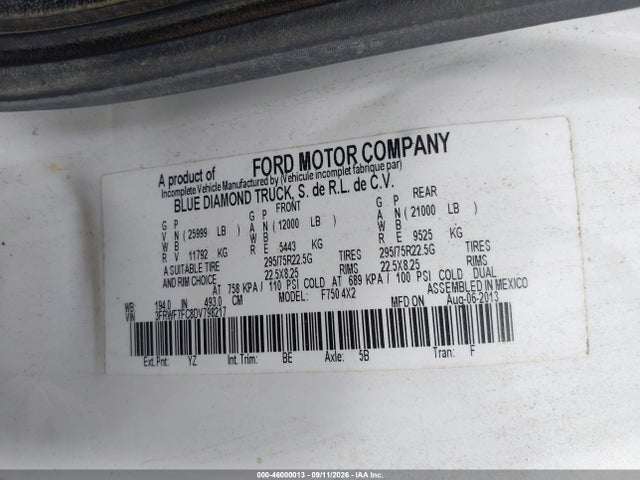 Auction sale of the 2013 Ford F-750 Xl/xlt, vin: 3FRWF7FC8DV798217, lot number: 46000013