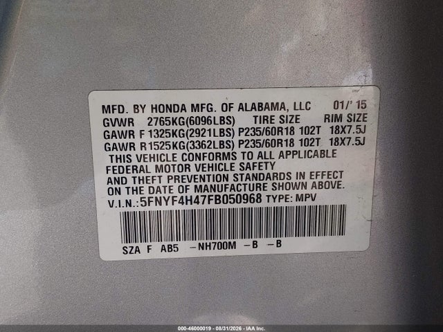 Продаж на аукціоні авто 2015 Honda Pilot Ex, vin: 5FNYF4H47FB050968, номер лоту: 46000019