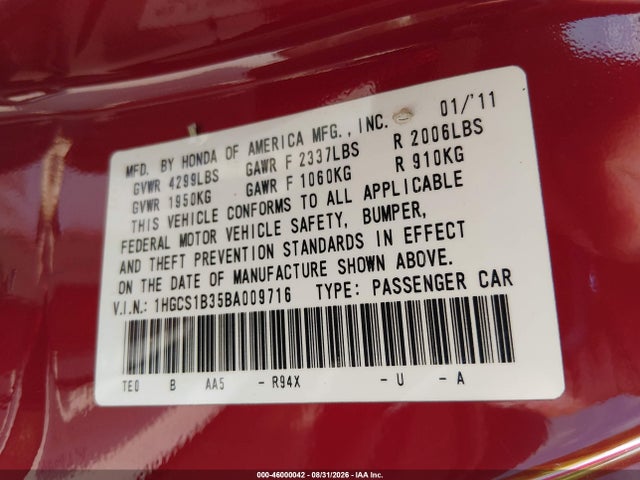 2011 Honda Accord 2.4 Lx-s მანქანა იყიდება აუქციონზე, vin: 1HGCS1B35BA009716, აუქციონის ნომერი: 46000042