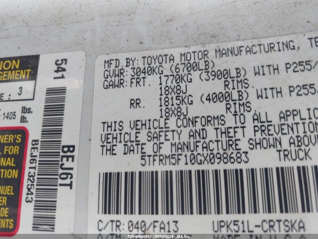 Продаж на аукціоні авто 2016 Toyota Tundra Sr 4.6l V8, vin: 5TFRM5F10GX098683, номер лоту: 46000043