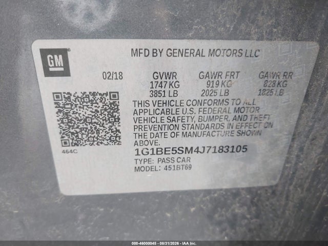 Продаж на аукціоні авто 2018 Chevrolet Cruze Lt Auto, vin: 1G1BE5SM4J7183105, номер лоту: 46000045