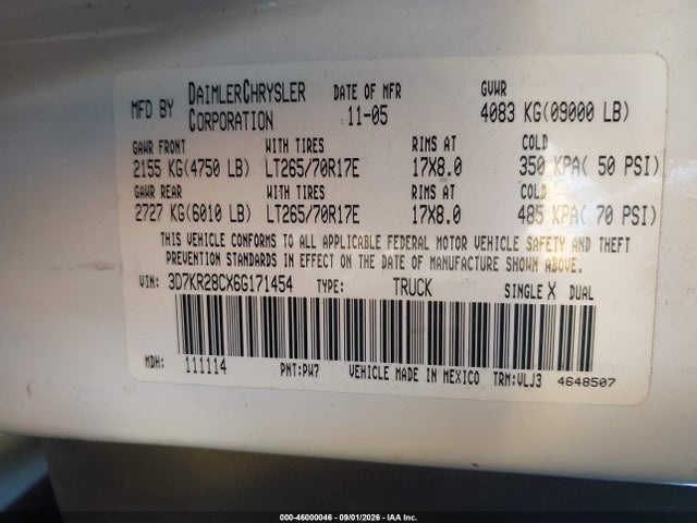 2006 Dodge Ram 2500 Laramie მანქანა იყიდება აუქციონზე, vin: 3D7KR28CX6G171454, აუქციონის ნომერი: 46000046