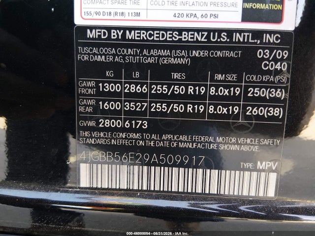 Aukcja sprzedaży 2009 Mercedes-benz Ml 350, vin: 4JGBB56E29A509917, numer aukcji: 46000054