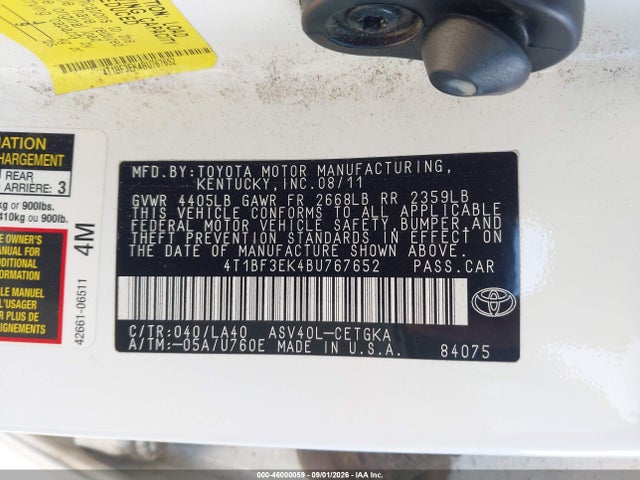 2011 Toyota Camry Xle მანქანა იყიდება აუქციონზე, vin: 4T1BF3EK4BU767652, აუქციონის ნომერი: 46000059