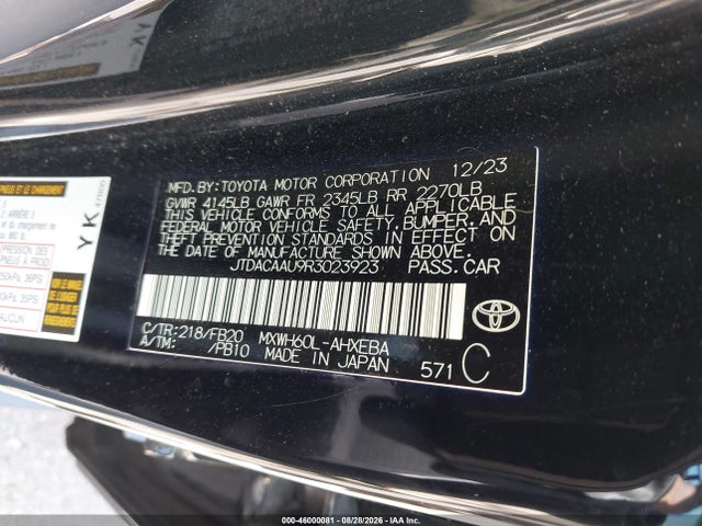 2024 Toyota Prius Le მანქანა იყიდება აუქციონზე, vin: JTDACAAU9R3023923, აუქციონის ნომერი: 46000081
