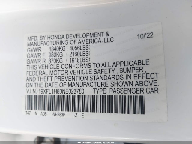 Продажа на аукционе авто 2022 Honda Civic Sport Touring, vin: 19XFL1H80NE023780, номер лота: 46000085