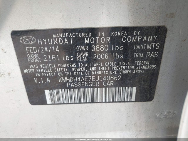 46000096 :رقم المزاد ، KMHDH4AE7EU140862 vin ، 2014 Hyundai Elantra Se مزاد بيع
