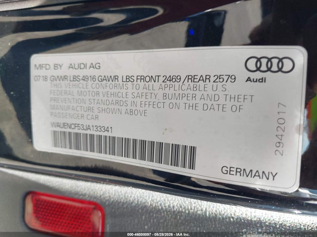 2018 Audi A5 Sportback Premium Plus მანქანა იყიდება აუქციონზე, vin: WAUENCF53JA133341, აუქციონის ნომერი: 46000097