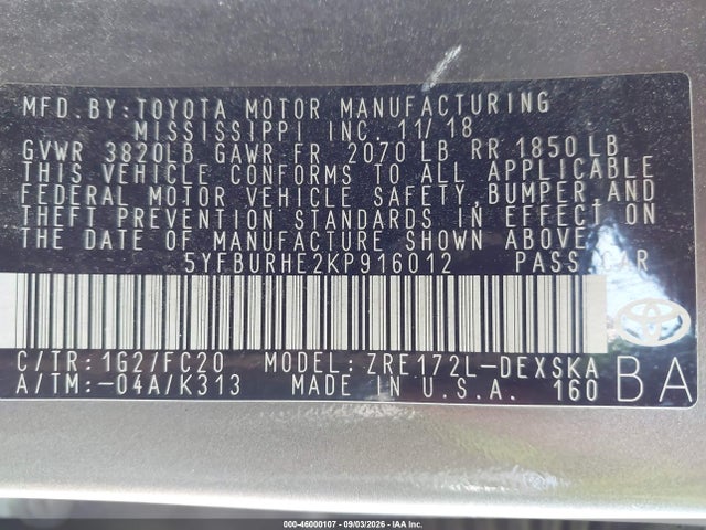 Продажа на аукционе авто 2019 Toyota Corolla Se, vin: 5YFBURHE2KP916012, номер лота: 46000107