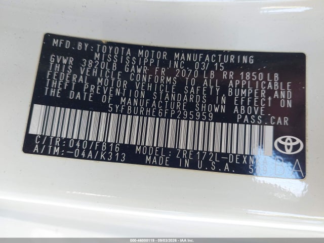 Aukcja sprzedaży 2015 Toyota Corolla Le, vin: 5YFBURHE6FP295959, numer aukcji: 46000119