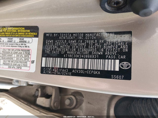 Продаж на аукціоні авто 2004 Toyota Camry Xle, vin: 4T1BE30K34U866931, номер лоту: 46000124