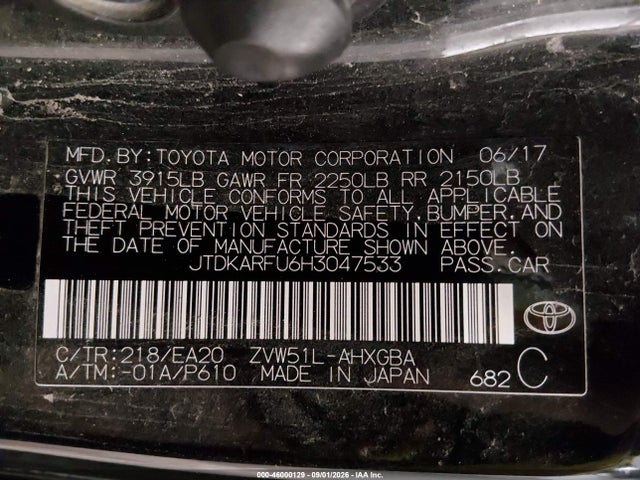 Продажа на аукционе авто 2017 Toyota Prius Four, vin: JTDKARFU6H3047533, номер лота: 46000129