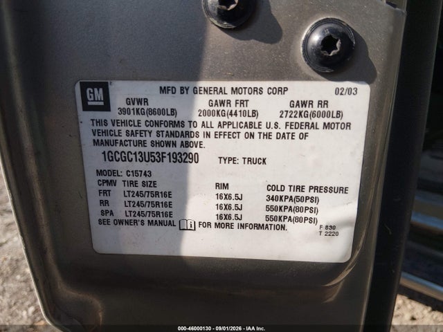 2003 Chevrolet Silverado 1500hd Ls მანქანა იყიდება აუქციონზე, vin: 1GCGC13U53F193290, აუქციონის ნომერი: 46000130