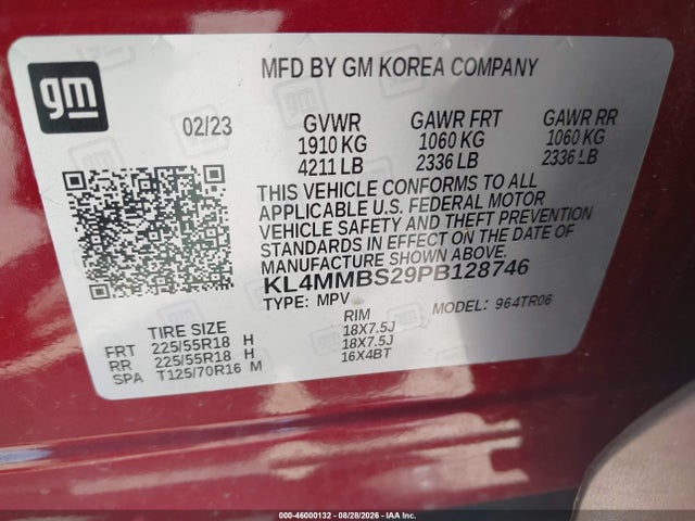 46000132 :رقم المزاد ، KL4MMBS29PB128746 vin ، 2023 Buick Encore Gx Preferred Fwd مزاد بيع