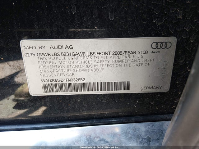 2015 Audi A8 L 3.0t მანქანა იყიდება აუქციონზე, vin: WAU3GAFD1FN032652, აუქციონის ნომერი: 46000134