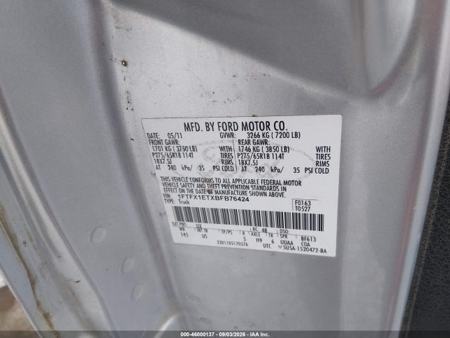 46000137 :رقم المزاد ، 1FTFX1ETXBFB76424 vin ، 2011 Ford F-150 Xlt مزاد بيع