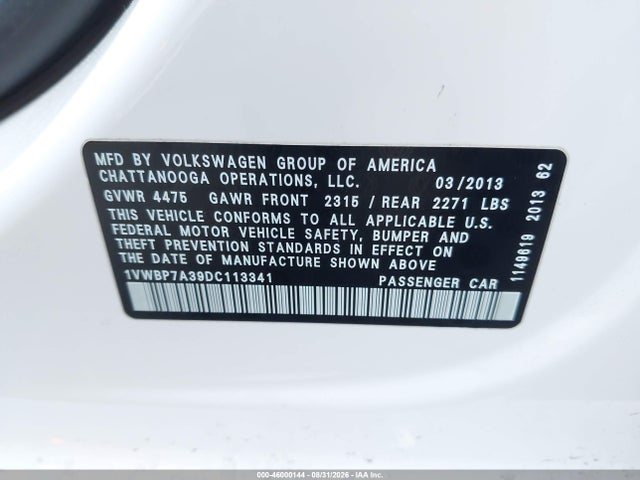 Продажа на аукционе авто 2013 Volkswagen Passat 2.5l Se, vin: 1VWBP7A39DC113341, номер лота: 46000144