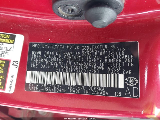 Продажа на аукционе авто 2010 Toyota Corolla S, vin: 2T1BU4EEXAC312391, номер лота: 46000150