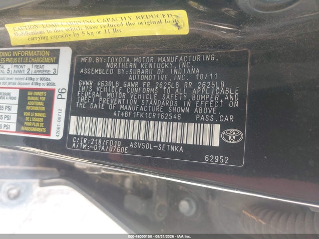 Продажа на аукционе авто 2012 Toyota Camry Le, vin: 4T4BF1FK1CR162546, номер лота: 46000158