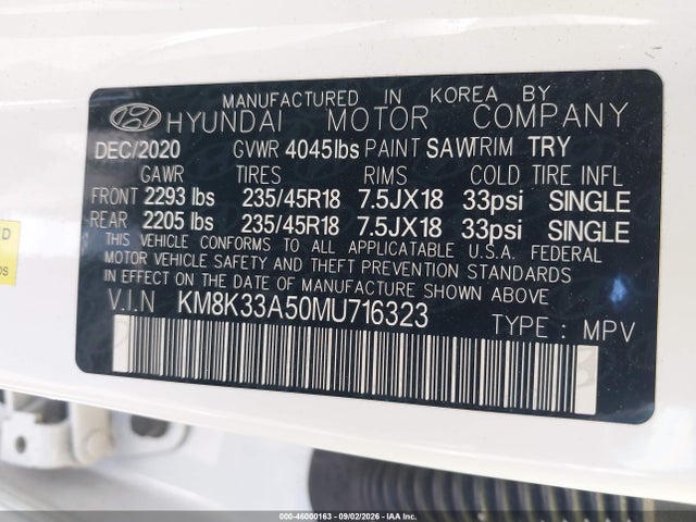 Продаж на аукціоні авто 2021 Hyundai Kona Limited, vin: KM8K33A50MU716323, номер лоту: 46000163