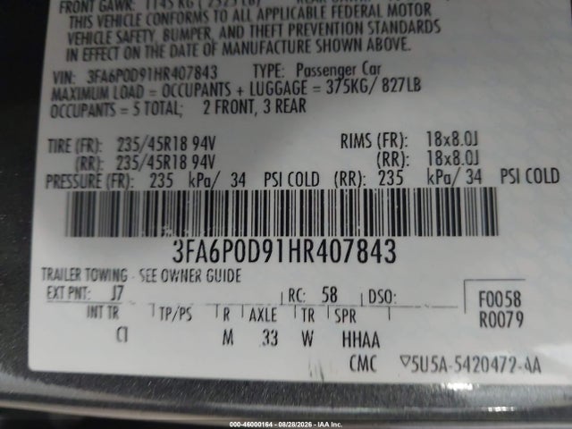 46000164 :رقم المزاد ، 3FA6P0D91HR407843 vin ، 2017 Ford Fusion Titanium مزاد بيع