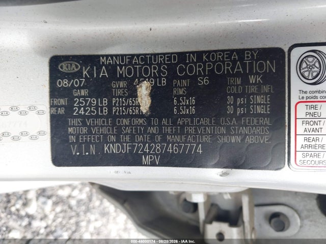 46000174 :رقم المزاد ، KNDJF724287467774 vin ، 2008 Kia Sportage Lx مزاد بيع