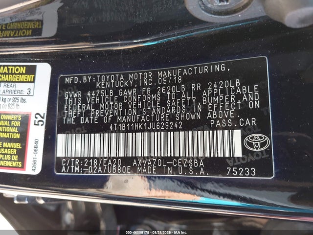 Aukcja sprzedaży 2018 Toyota Camry Se, vin: 4T1B11HK1JU629242, numer aukcji: 46000175