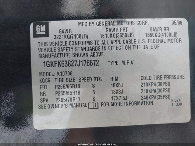 Продажа на аукционе авто 2007 Gmc Yukon Denali, vin: 1GKFK63827J178672, номер лота: 46000201