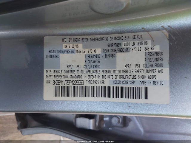 Aukcja sprzedaży 2015 Mazda Mazda3 I Touring, vin: 3MZBM1V75FM225963, numer aukcji: 46000206