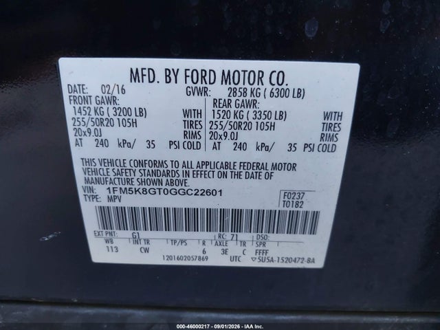 2016 Ford Explorer Sport მანქანა იყიდება აუქციონზე, vin: 1FM5K8GT0GGC22601, აუქციონის ნომერი: 46000217
