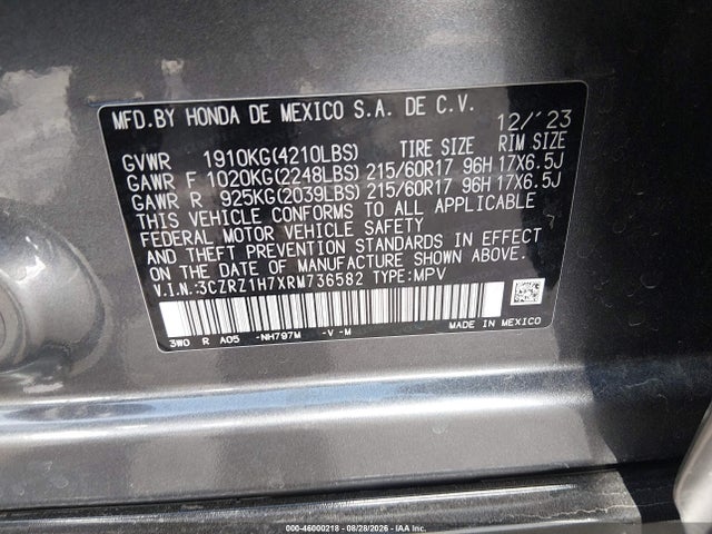 Aukcja sprzedaży 2024 Honda Hr-v 2wd Ex-l/2wd Ex-l W/o Bsi, vin: 3CZRZ1H7XRM736582, numer aukcji: 46000218