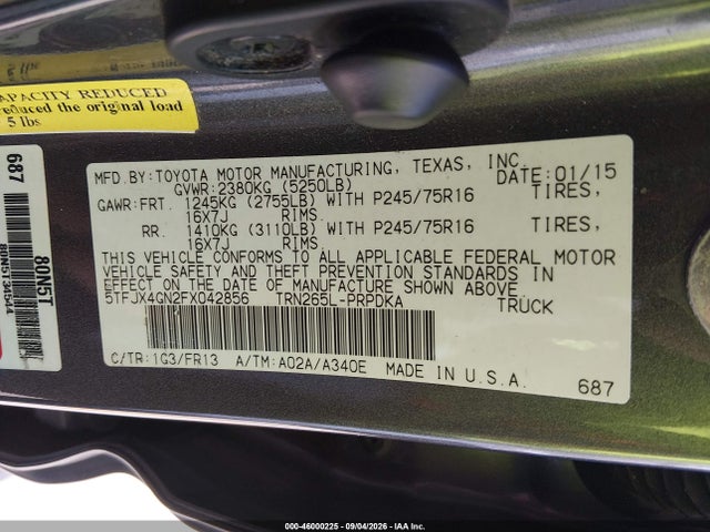 2015 Toyota Tacoma Prerunner მანქანა იყიდება აუქციონზე, vin: 5TFJX4GN2FX042856, აუქციონის ნომერი: 46000225