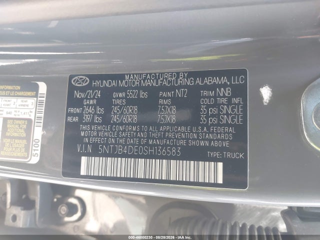 2025 Hyundai Santa Cruz Sel მანქანა იყიდება აუქციონზე, vin: 5NTJB4DE0SH136583, აუქციონის ნომერი: 46000230