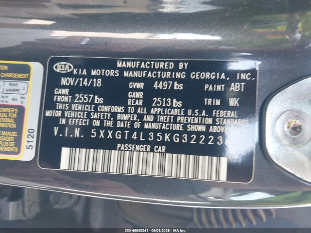 2019 Kia Optima Lx მანქანა იყიდება აუქციონზე, vin: 5XXGT4L35KG322234, აუქციონის ნომერი: 46000241