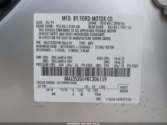46000255 :رقم المزاد ، MAJ3S2GE4KC306159 vin ، 2019 Ford Ecosport Se مزاد بيع