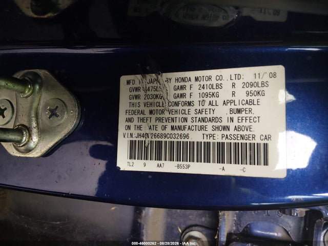46000262 :رقم المزاد ، JH4CU26689C032696 vin ، 2009 Acura Tsx مزاد بيع