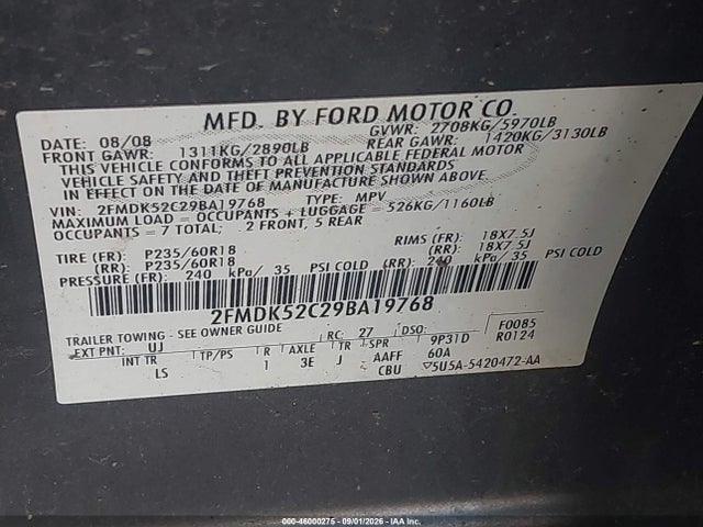 46000275 :رقم المزاد ، 2FMDK52C29BA19768 vin ، 2009 Ford Flex Sel مزاد بيع