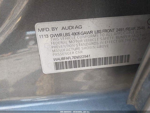 2014 Audi A4 2.0t Premium მანქანა იყიდება აუქციონზე, vin: WAUBFAFL7EN022941, აუქციონის ნომერი: 46000282