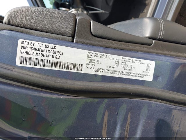 Продажа на аукционе авто 2021 Jeep Grand Cherokee Limited 4x4, vin: 1C4RJFBG4MC801939, номер лота: 46000288