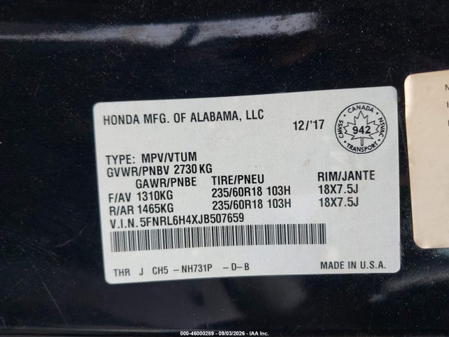 Aukcja sprzedaży 2018 Honda Odyssey Ex, vin: 5FNRL6H4XJB507659, numer aukcji: 46000289
