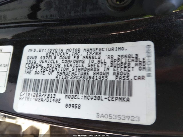 Aukcja sprzedaży 2003 Toyota Camry Le V6, vin: 4T1BF32K23U041455, numer aukcji: 46000291