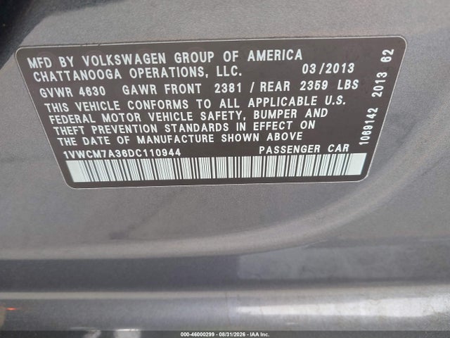Aukcja sprzedaży 2013 Volkswagen Passat 3.6l V6 Sel Premium, vin: 1VWCM7A36DC110944, numer aukcji: 46000299