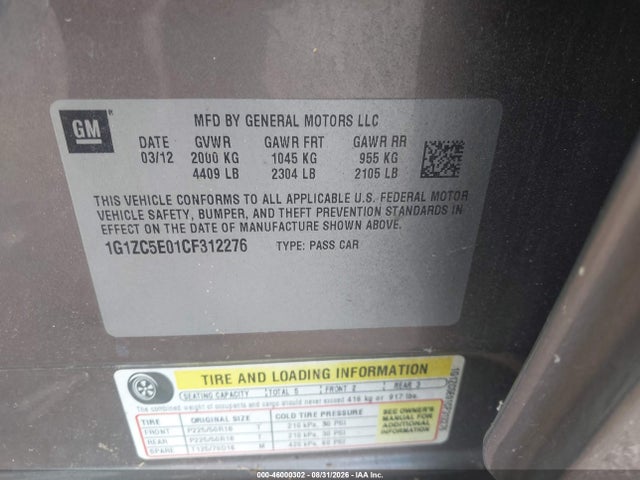 2012 Chevrolet Malibu 1lt მანქანა იყიდება აუქციონზე, vin: 1G1ZC5E01CF312276, აუქციონის ნომერი: 46000302