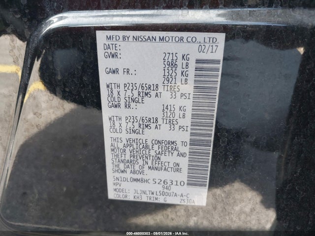 Aukcja sprzedaży 2017 Infiniti Qx60, vin: 5N1DL0MM8HC526310, numer aukcji: 46000303