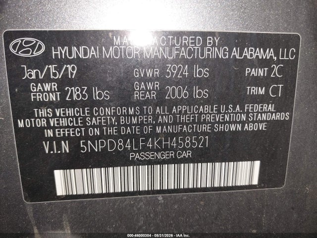 Aukcja sprzedaży 2019 Hyundai Elantra Sel/value/limited, vin: 5NPD84LF4KH458521, numer aukcji: 46000304